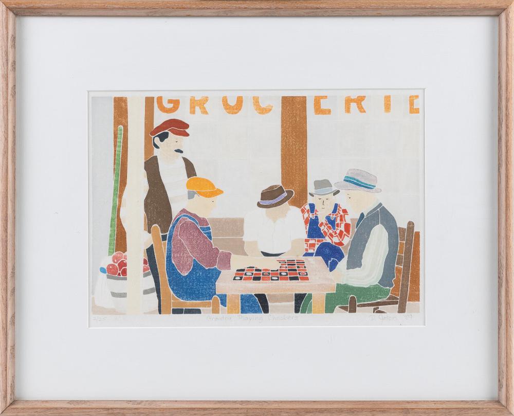 Appraisal: PAMELA JASON MASSACHUSETTS CONTEMPORARY GRANDPA PLAYING CHECKERS WHITE-LINE COLORED WOODBLOCK