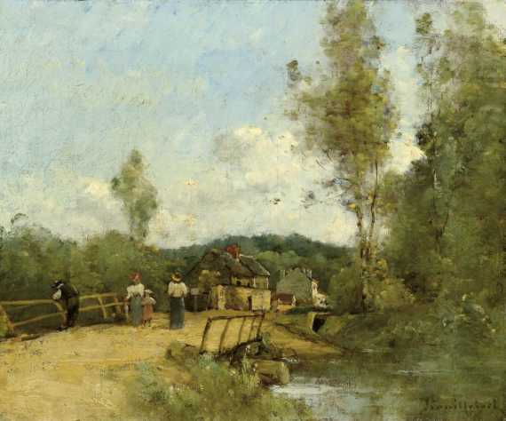 Appraisal: TROUILLEBERT PAUL DESIRE Paris Bridge in a village Oil on