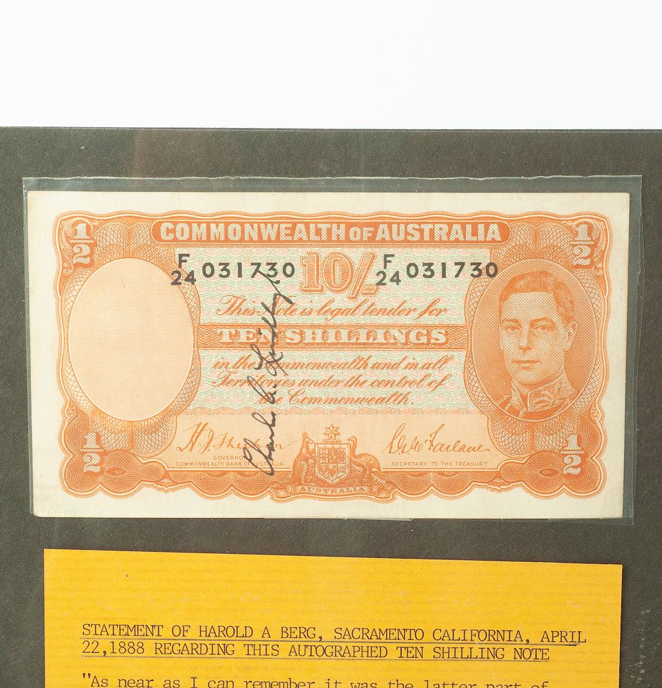 Appraisal: Lindbergh Signed Australian Ten Shilling Note with Handwritten Letter from