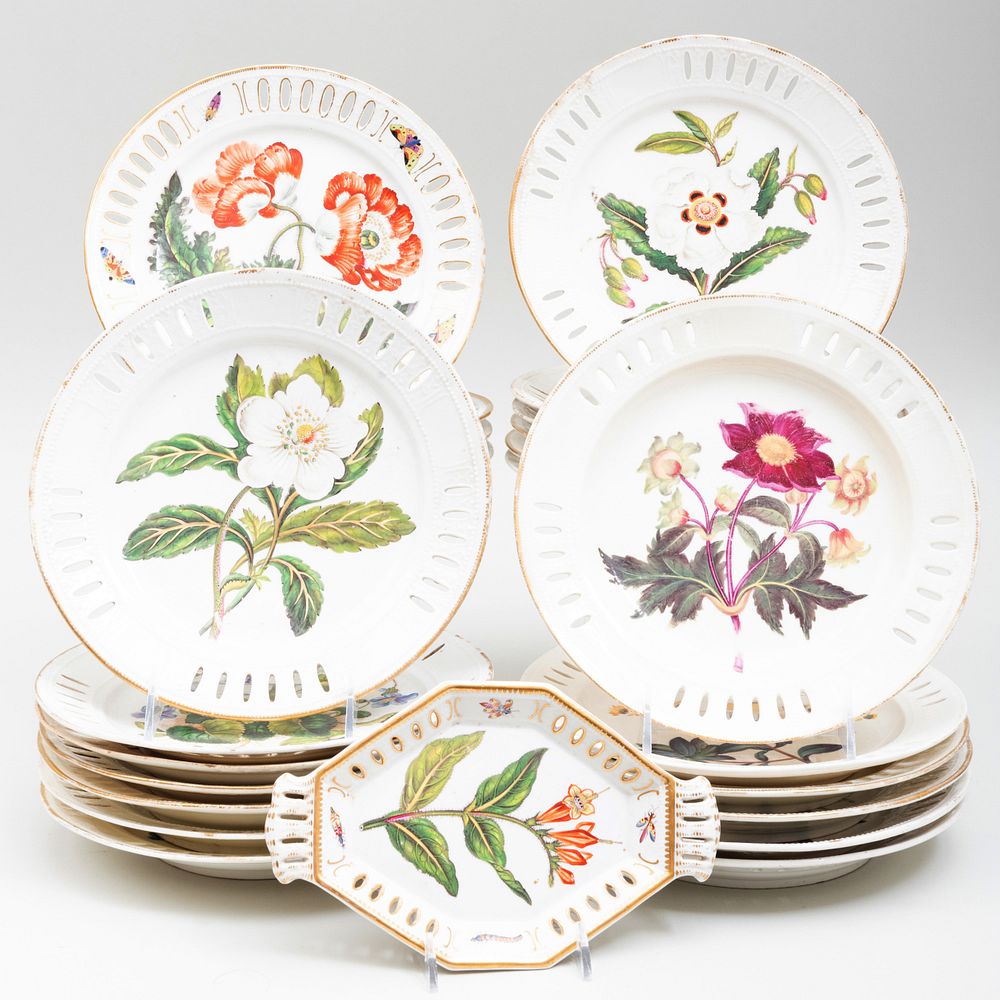 Appraisal: English Porcelain Botanical Service with Reticulated Rims Possibly Pinxton or