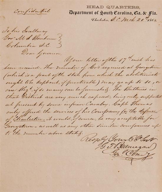 Appraisal: Rare Charleston Civil War General Beauregard autographed letter dated March