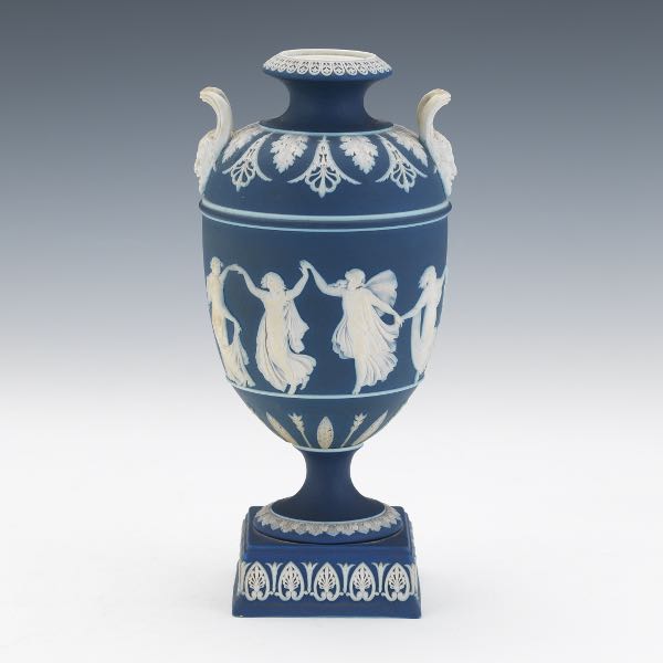 Appraisal: WEDGWOOD BLUE JASPER URN x Dark blue and white stoneware