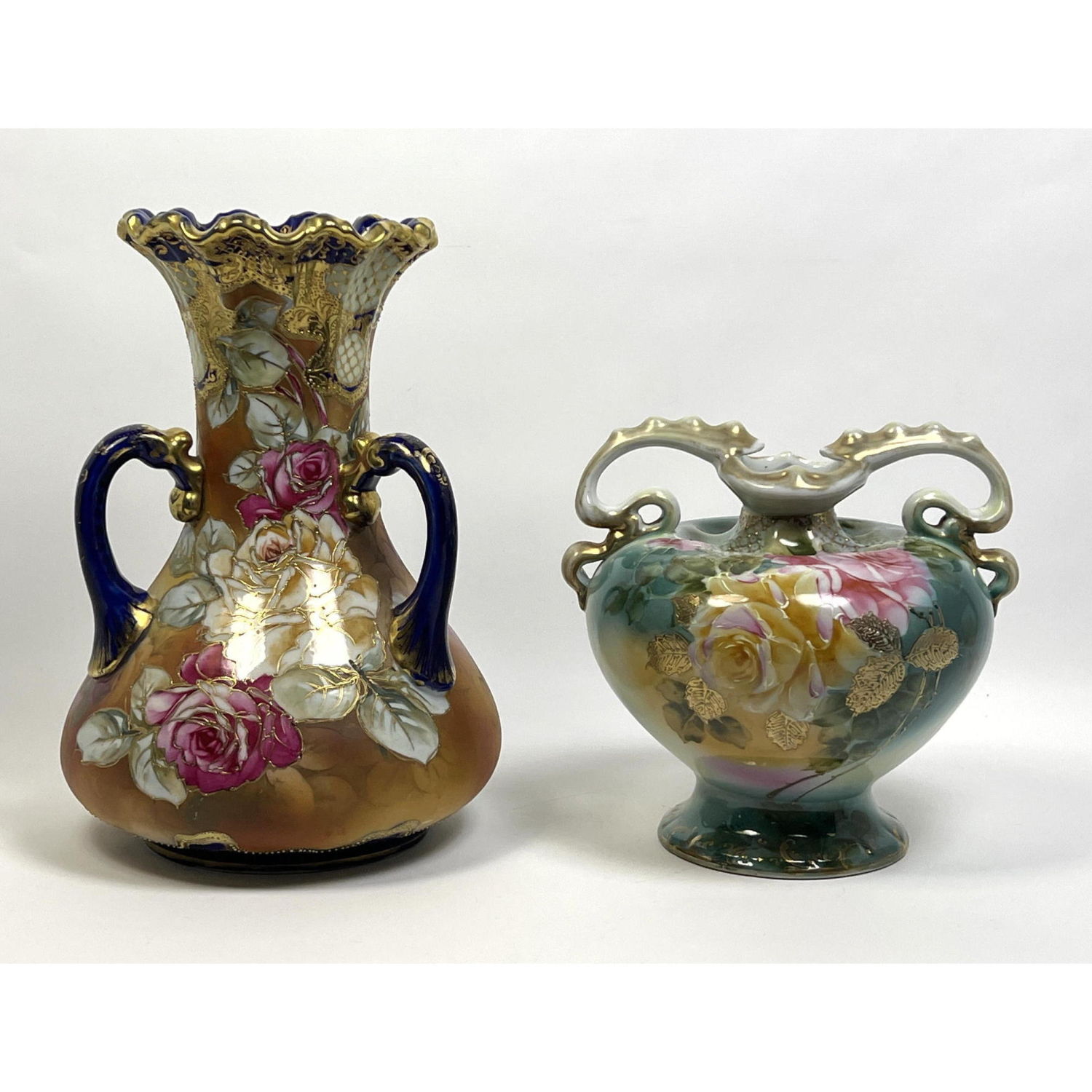 Appraisal: pc Hand Painted NIPPON Handled Vases Floral Rose Design Marked