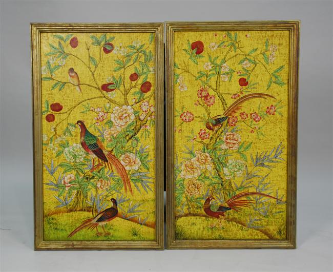 Appraisal: PAIR OF CHINESE CARVED AND PAINTED FRAMED WALL PANELS depicting