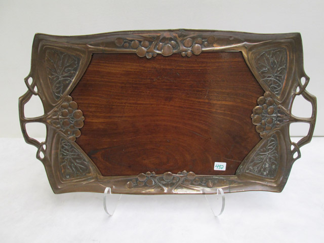 Appraisal: ART NOUVEAU METAL AND WOOD SERVING TRAY of rectangular form