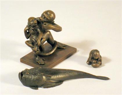 Appraisal: Three Japanese bronze items Comprised of a monkey table study