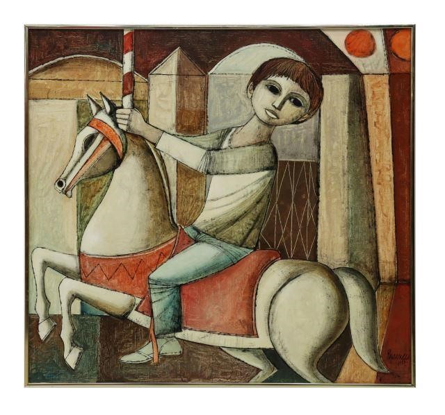 Appraisal: Framed oil on canvas painting Boy on a Carousel Horse