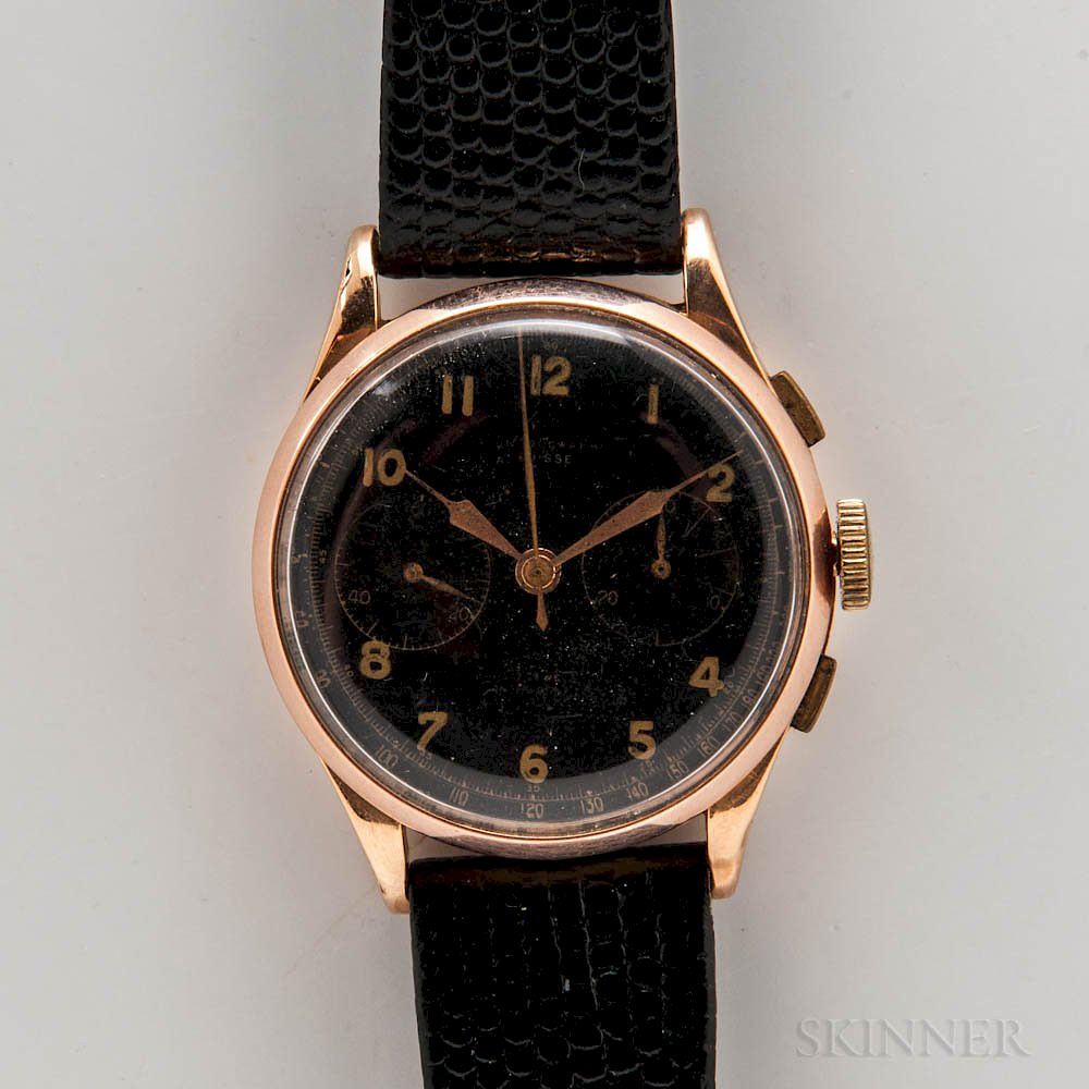 Appraisal: Black Dial Chronograph Suisse kt Gold Wristwatch Black Dial Chronograph