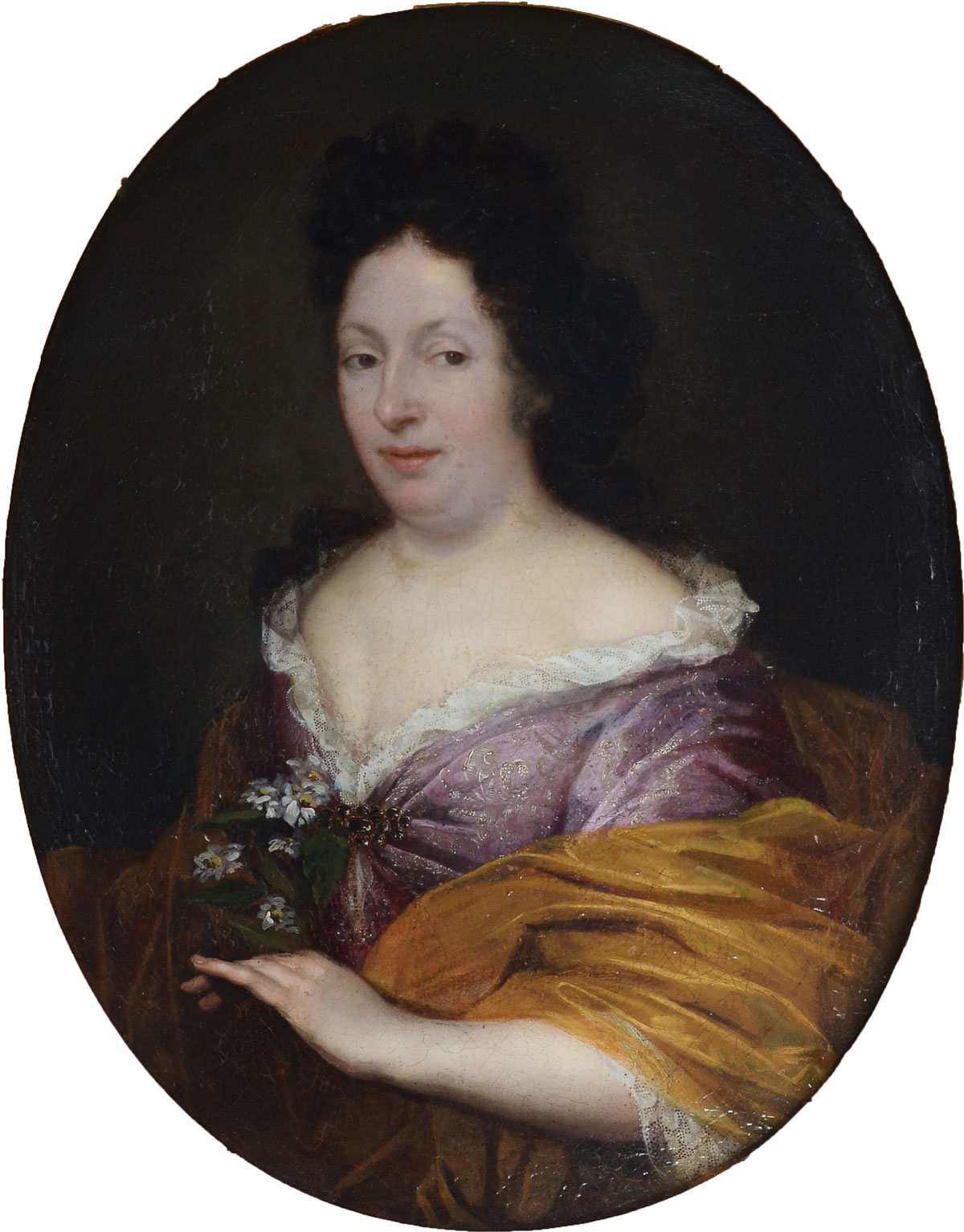 Appraisal: EARLY PORTRAIT PAINTING OF A WOMAN WITH LAVENDER DRESS Oil