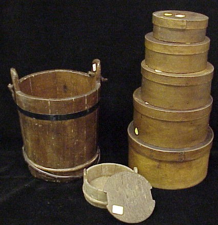 Appraisal: Five pantry boxes and one wooden bucket as found covered