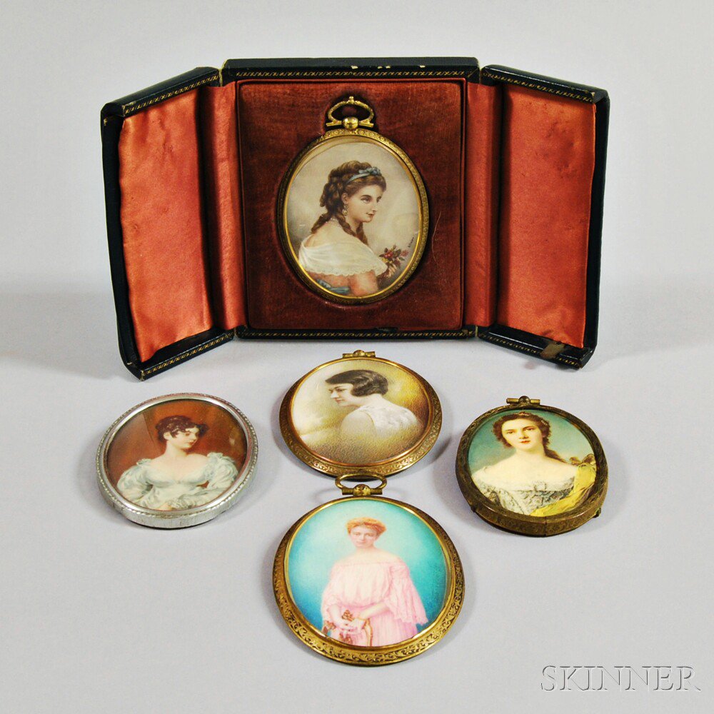 Appraisal: Five Portrait Miniatures of Women a print one lithographed tin