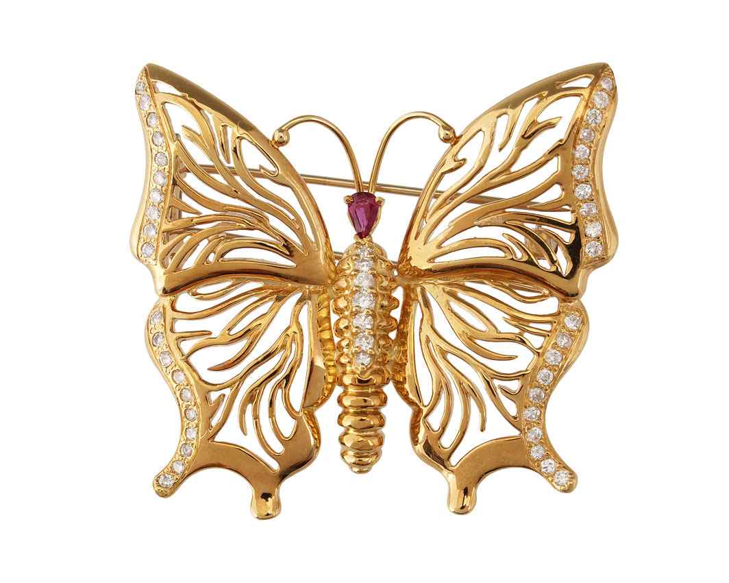 Appraisal: GOLD AND DIAMOND BUTTERFLY BROOCH K yellow gold butterfly brooch