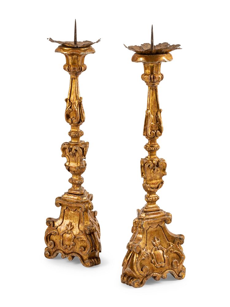 Appraisal: A Pair of Italian Giltwood Prickets A Pair of Italian