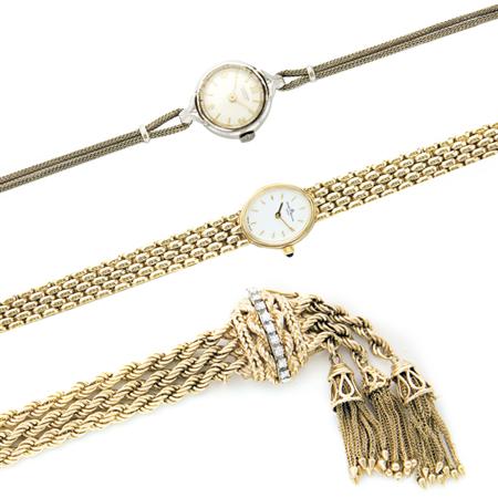 Appraisal: Triple Strand Gold and Diamond Tassel Bracelet-Watch and Two Wristwatches