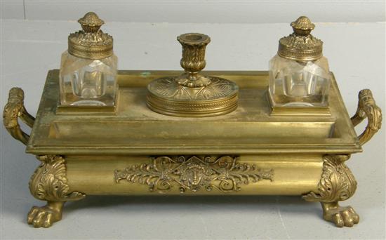 Appraisal: Late th century brass twin-handled desk stand with two inkwells