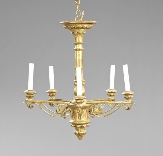 Appraisal: Regency-Style Wrought-Iron-Mounted Giltwood Five-Light Chandelier early th century the central