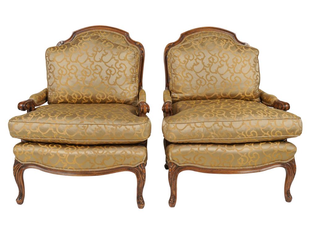 Appraisal: PAIR PROVINCIAL-STYLE CARVED WALNUT FAUTEUILSlate th century unsigned covered with