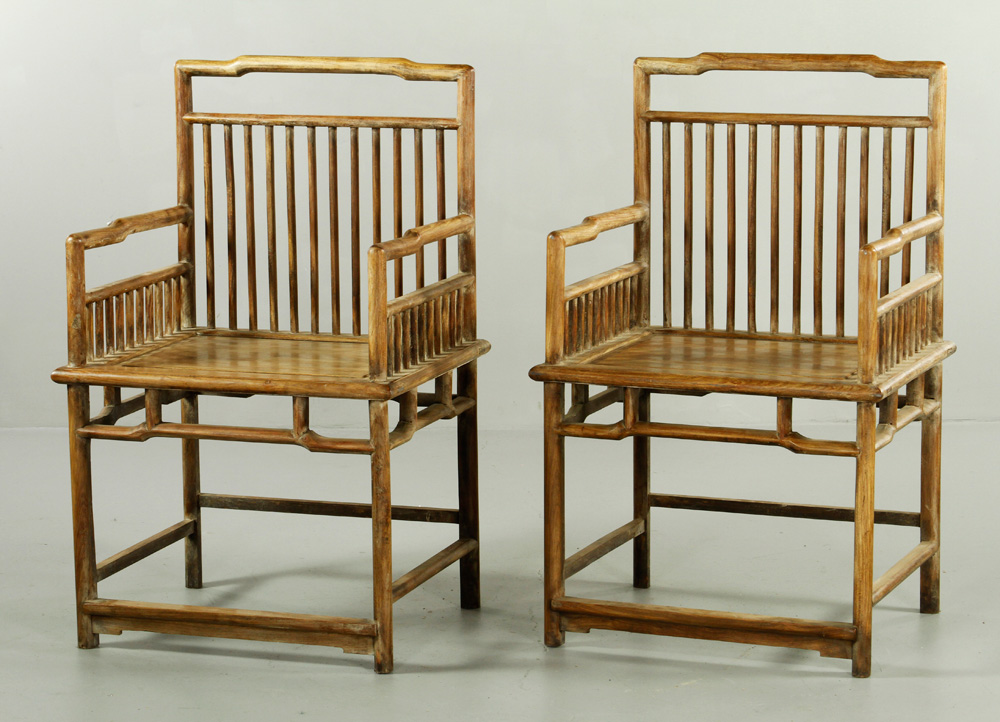 Appraisal: - Pr Chinese Huanghuali Wood Arm Chairs Pair of huanghuali