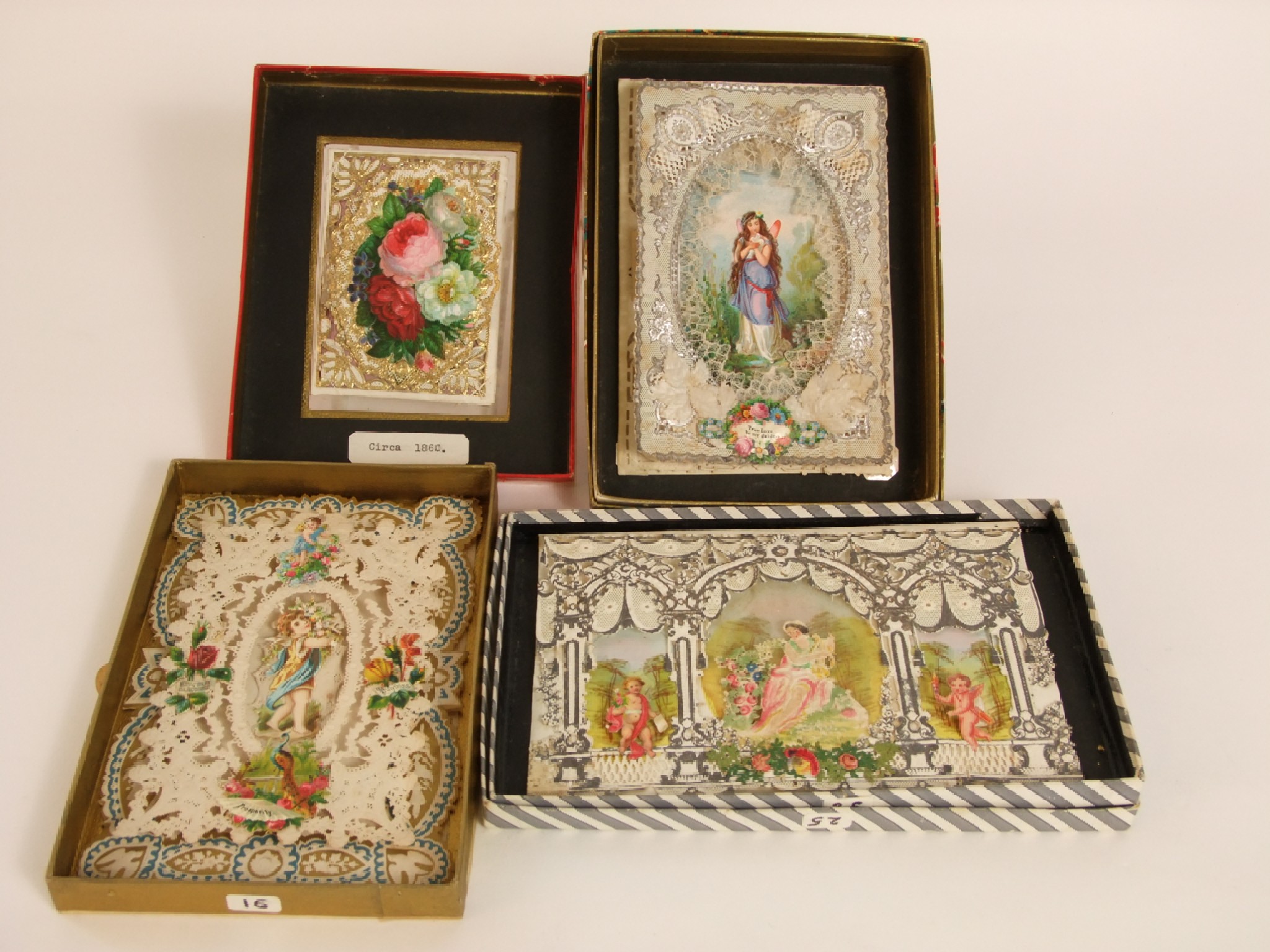 Appraisal: Four Victorian Valentine cards all with lace effect borders decorated