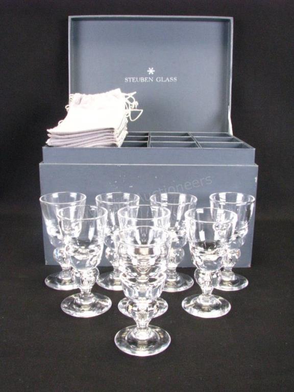 Appraisal: Cased Set of Eight Steuben Crystal Wine Glasses heavy crystal