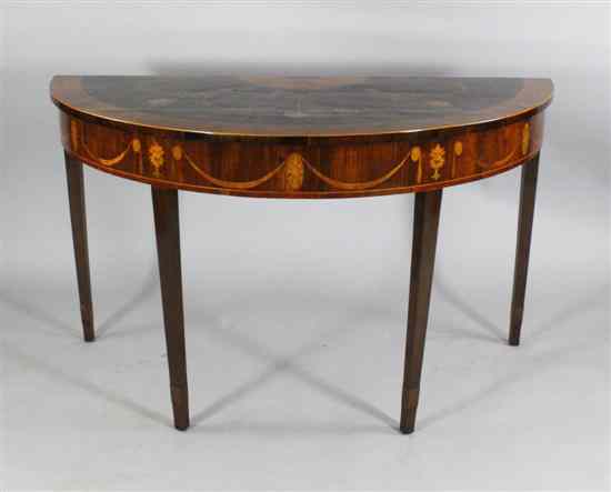 Appraisal: A George III style satinwood and marquetry inlaid rosewood demi-lune