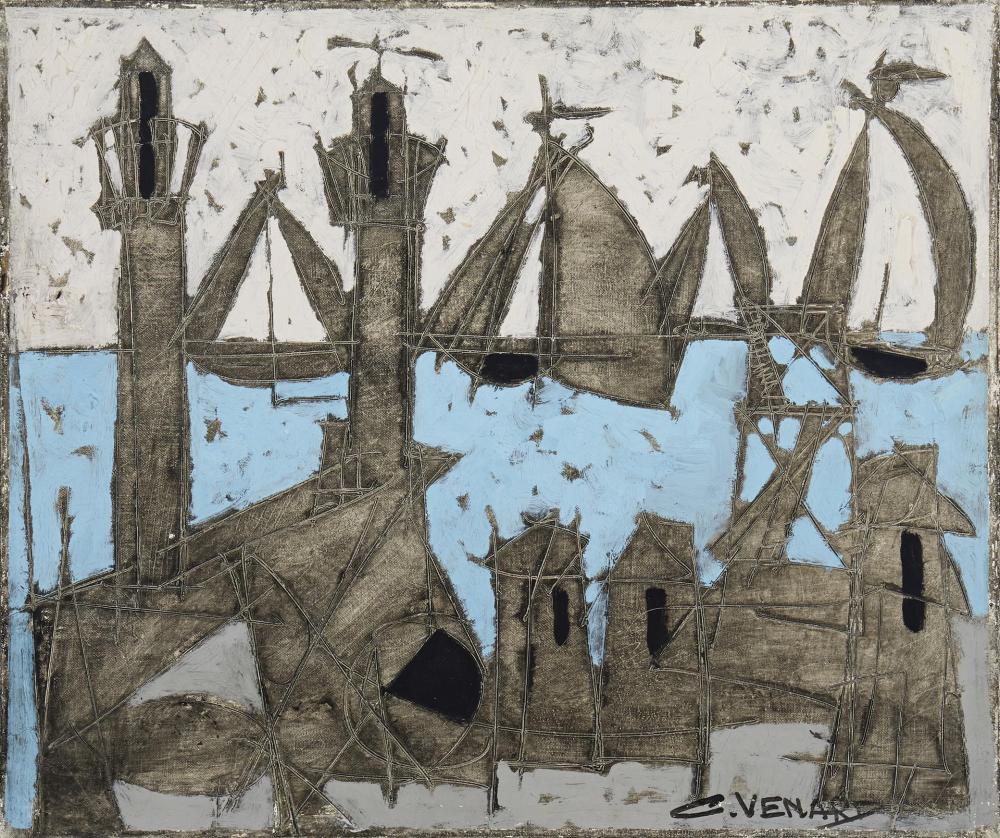 Appraisal: Claude Venard - French Abstract harbor scene Oil on paper