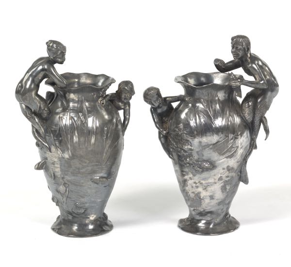 Appraisal: PAIR OF WMF METAL ART NOUVEAU VASES Wurttembergische Metallwarenfabrik Britannia