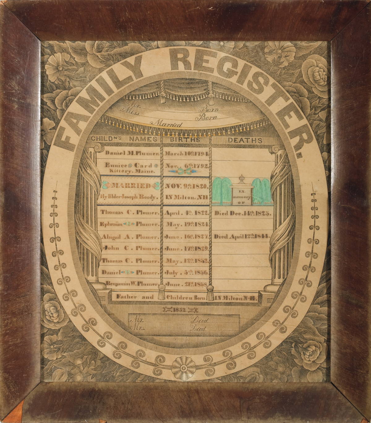 Appraisal: PRINTED FAMILY REGISTER FOR THE DANIEL M AND EUNICE CARD