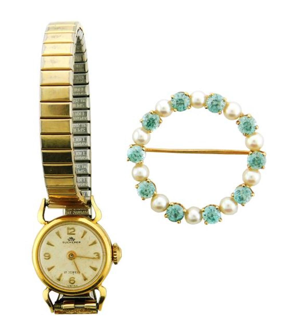 Appraisal: JEWELRY K Pearl and Zircon Pin with women's wrist watch