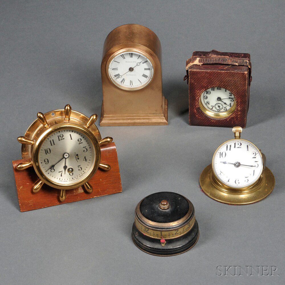 Appraisal: Five Small Brass Clocks including two Chelsea clocks a Manhattan