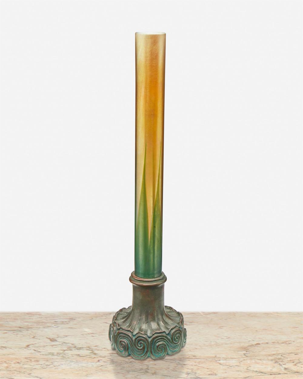 Appraisal: A Tiffany Studios bronze and Favrile glass vase Circa -