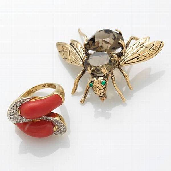 Appraisal: A coral diamond and k gold ring together with a