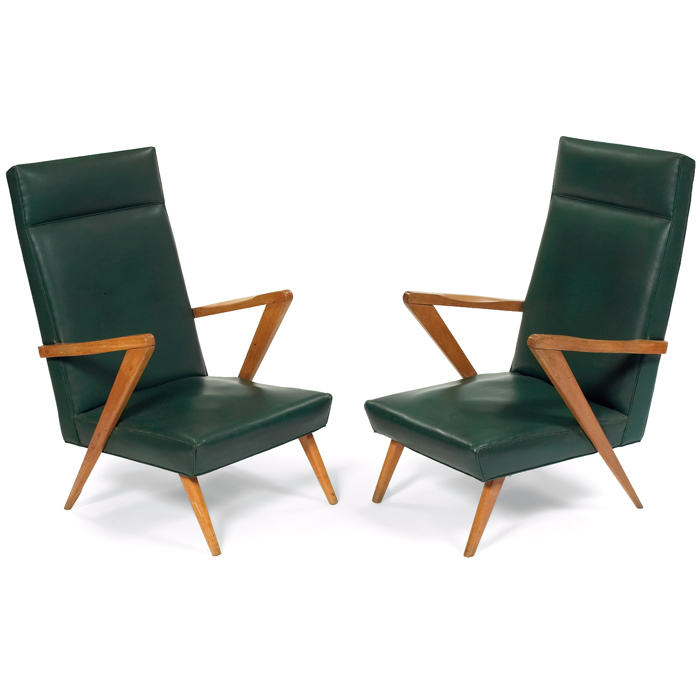 Appraisal: s lounge chairs pair designer unknown high-back forms with angular