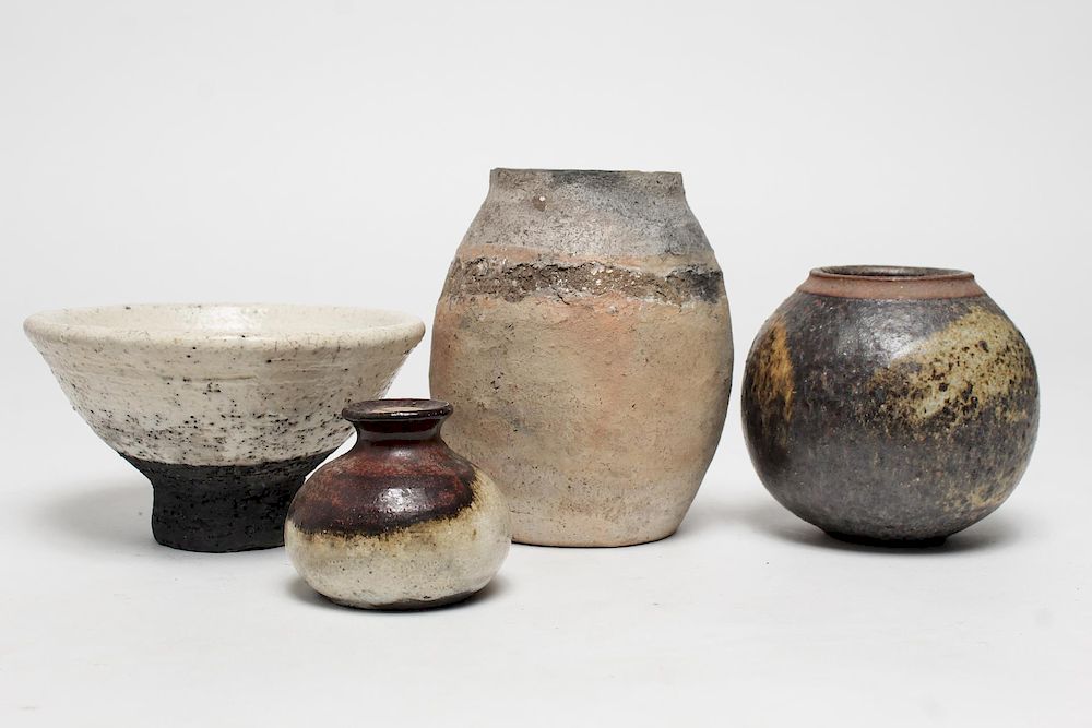 Appraisal: Modern Raku Pottery Vases and Footed Bowl Four Raku pottery