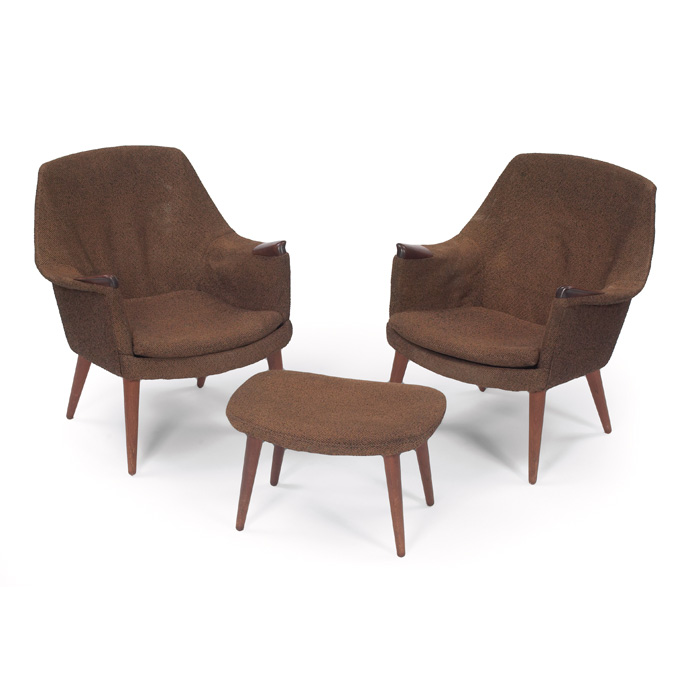 Appraisal: Norwegian chairs pair and ottoman upholstered forms with exposed wood