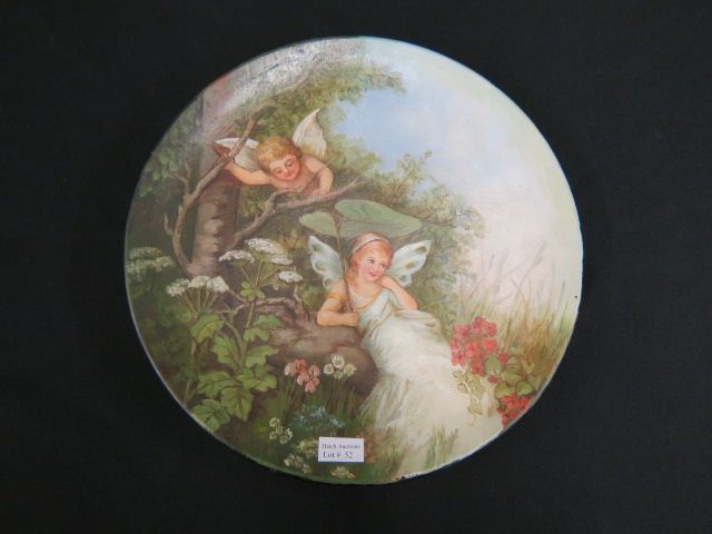 Appraisal: Victorian Pottery Charger handpainted fairy cupid decor diameter excellent