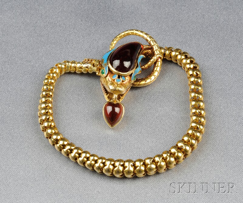 Appraisal: Victorian Gold Garnet and Enamel Snake Bracelet the head set