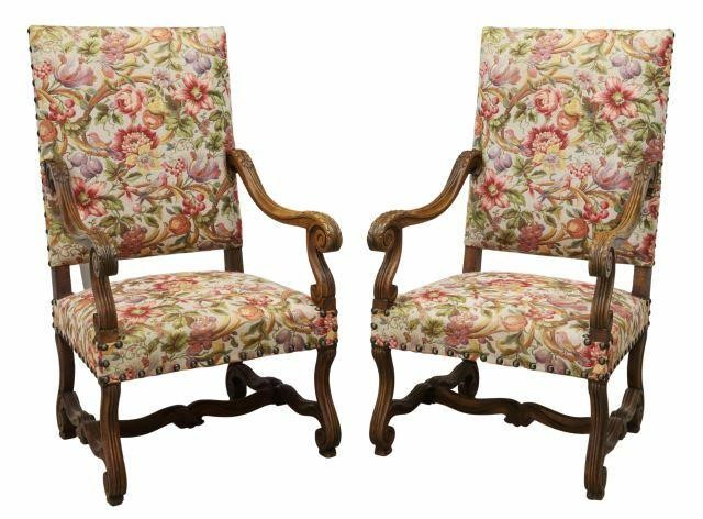 Appraisal: pair French Louis XIV style walnut armchairs early th c