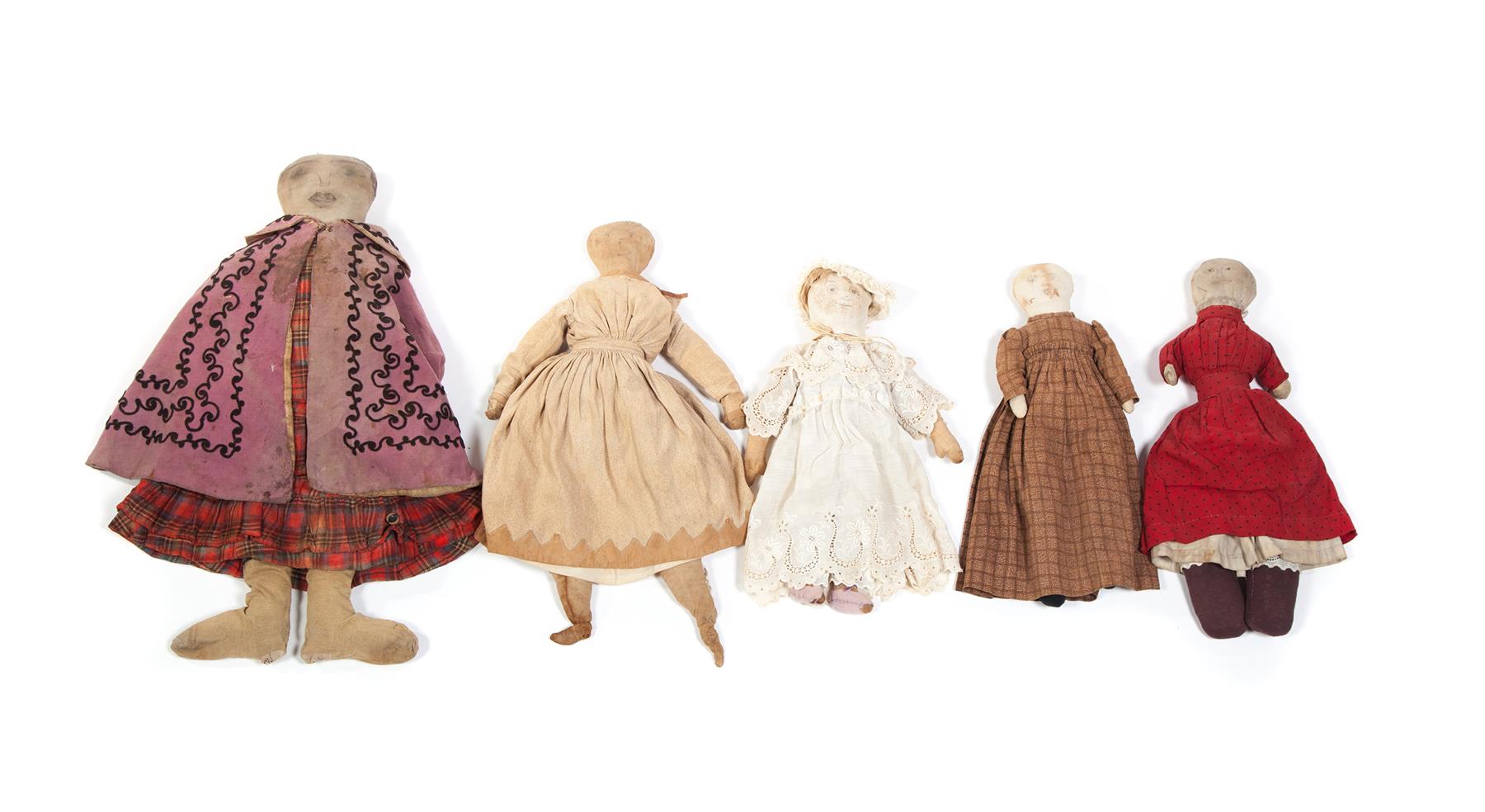 Appraisal: FIVE CLOTH DOLLS WITH DRAWN FEATURES American late th-early th