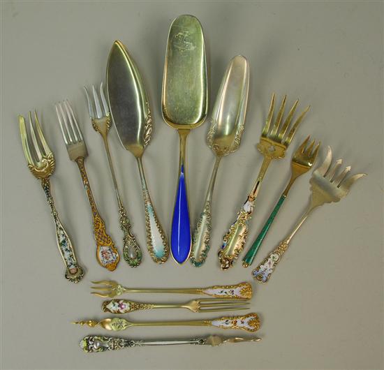 Appraisal: COLLECTION OF THIRTEEN SILVER AND ENAMELLED SERVING UTENSILS