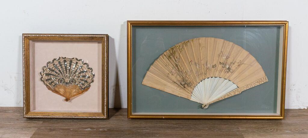 Appraisal: fans in shadowbox frames Embroidered fan with carved handle W