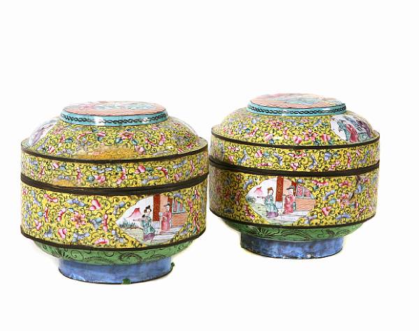 Appraisal: A pair of Canton enamel boxes of circular outline height