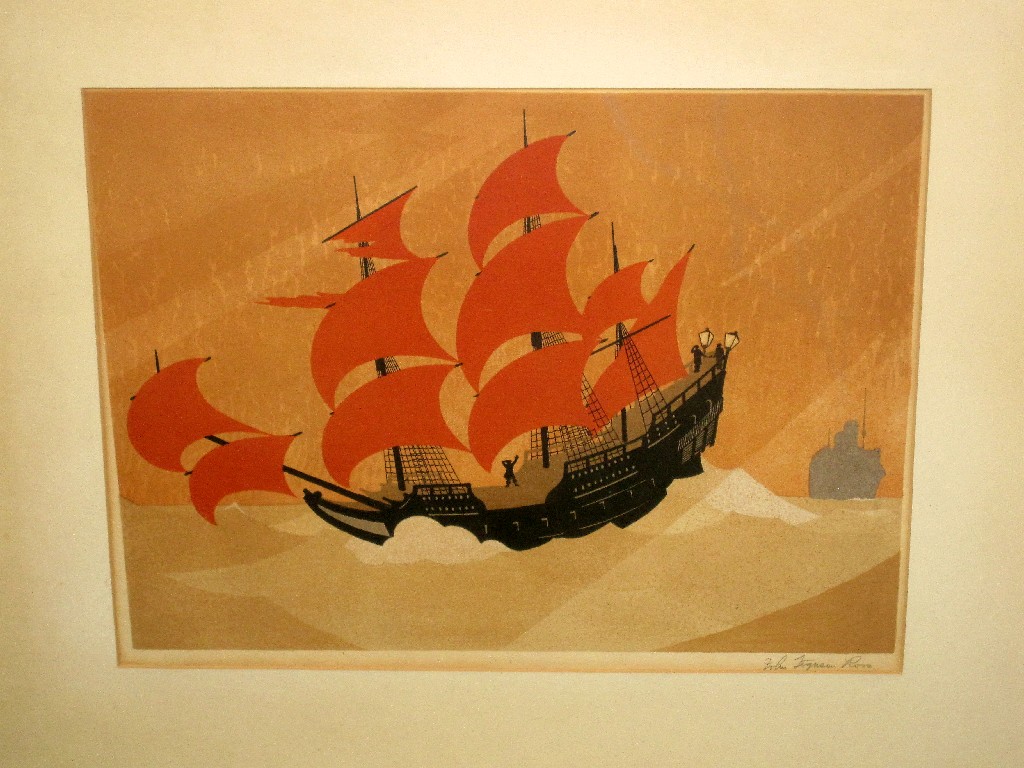 Appraisal: JOAN FERGUSON ROSS Woodblock print 'The Flying Dutchman' signed in