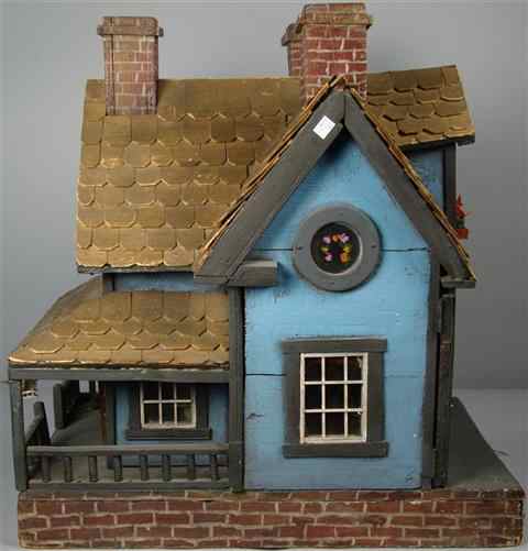 Appraisal: GABLED BLUE PAINTED VICTORIAN DOLLHOUSE WITH FISHSCALE ROOF made from