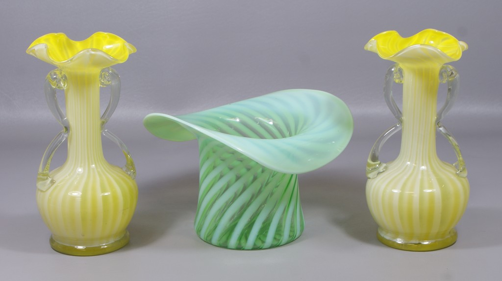 Appraisal: pcs of Art Glass Pair of yellow swirl vases and