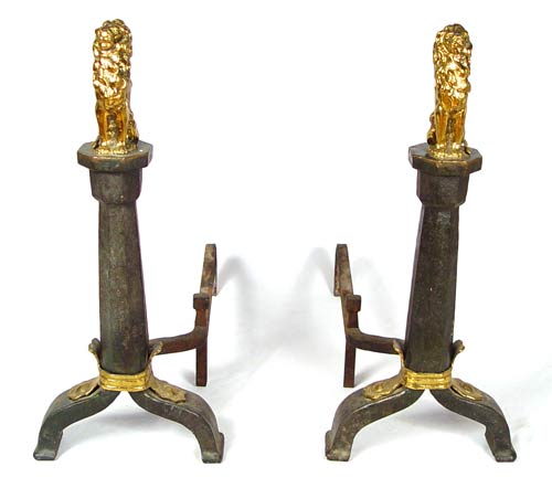 Appraisal: WROUGHT IRON AND BRASS LION ANDIRONS FIREDOGS Each surmounted by