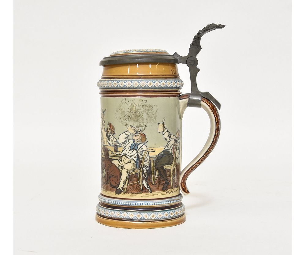 Appraisal: Mettlach Stein Mettlach stein with figures of beer drinkers litre