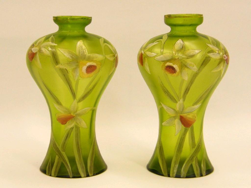 Appraisal: Pair of Art Nouveau green glass shouldered vases with gilt