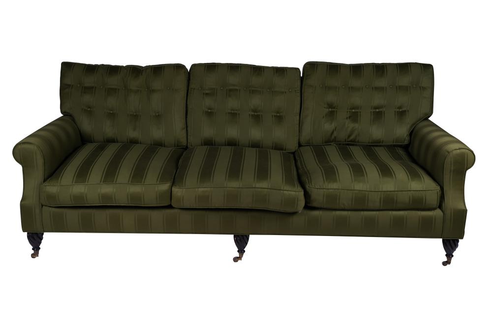 Appraisal: REGENCY STYLE GREEN UPHOLSTERED SOFACondition slight wear to corners of