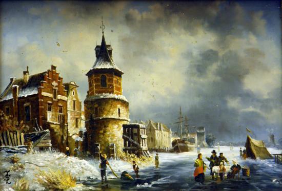 Appraisal: Dutch school th century winter landscape with figures and buildings